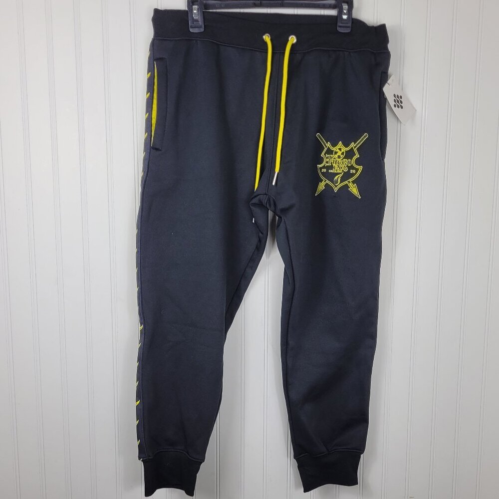 NWT 3Fuego F.cs Joggers, Black with Yellow Fire Stripe, Drawstring waist Men's M